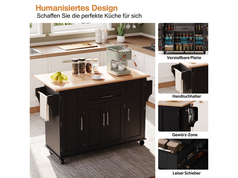 Îlot de cuisine mobile - 120×45 cm - extensible jusqu'à 70 cm - tiroir à couverts caché - étagères réglables 136x70x92cm - Conforama B