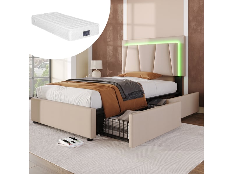  Lit simple 90x200 cm avec led et 2 tiroirs, cadre de lit avec tête de lit réglable en hauteur, beige, lit enfant avec matelas  - Conforama A