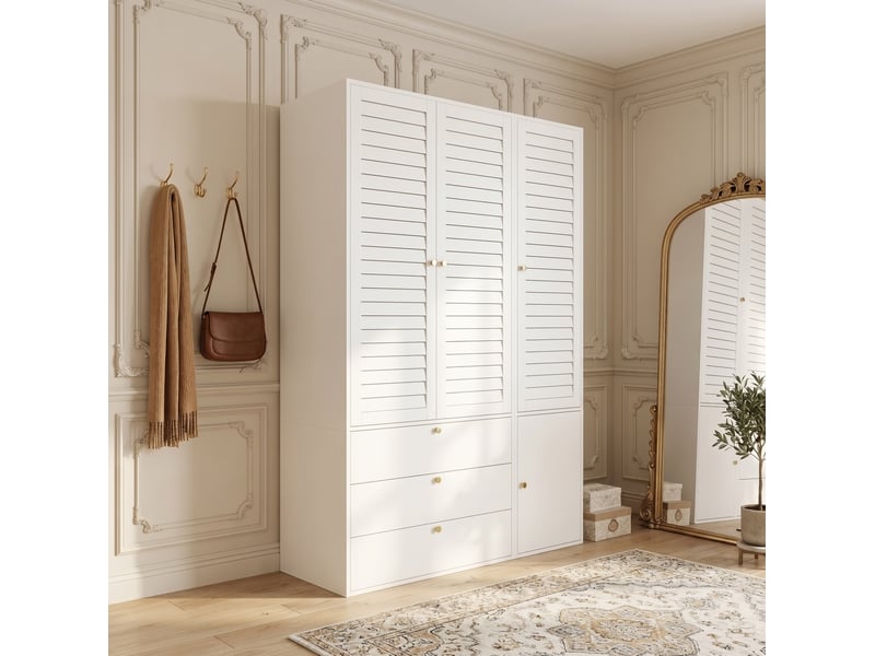  Armoire 3 portes modenvie à portes persiennées 135 x 50 x 200 cm avec 3 tiroirs, 2 tringles et porte-pantalons, panneau de particules blanc  - Conforama D