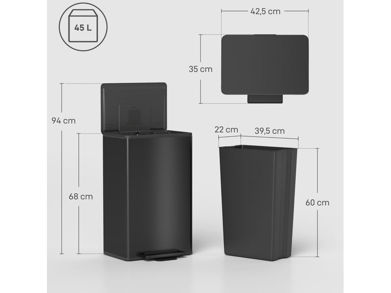 Poubelle de cuisine tcqpz 45 l à pédale fermeture douce inox noir 42,5 x 35 x 68 cm - Conforama C
