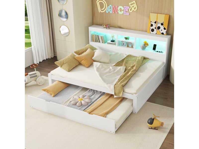  Lit gigogne 140x200 cm, rangement latéral et led, en bois, blanc, sans matelas  - Conforama B