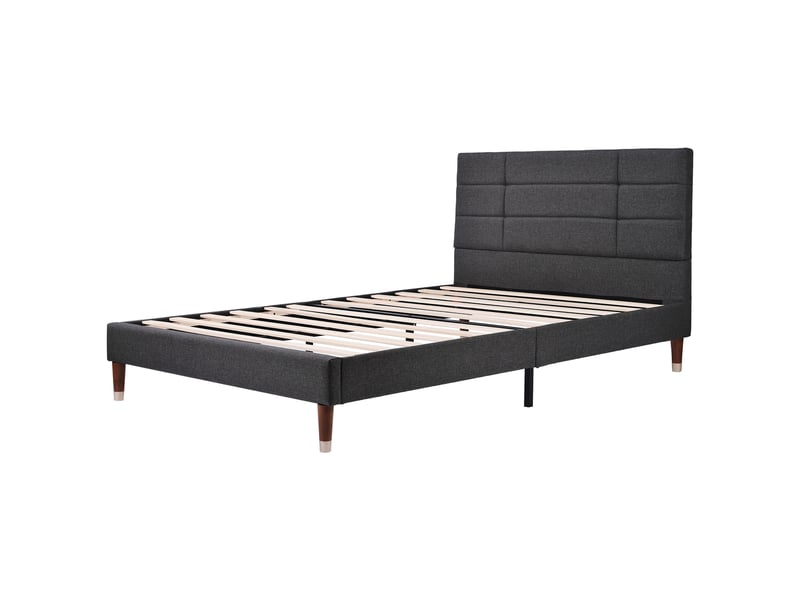  Lit adulte 140x200 cm, tête de lit, structure en bois, sommier, style moderne, lin gris, sans matelas  - Conforama R