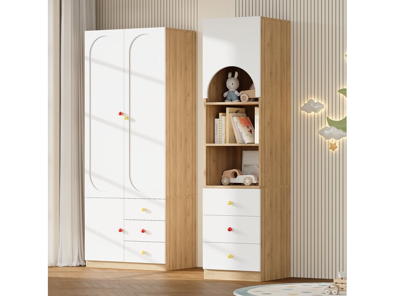  Armoire avec 2 portes, étagère de rangement et tiroirs pour chambre, en mdf, blanc et aspect bois naturel  - Conforama B