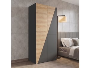 Armoire 2 portes avec penderie, porte-pantalons et 2 tiroirs en mdf gris et bois pour chambre 90 × 50 × 200 cm