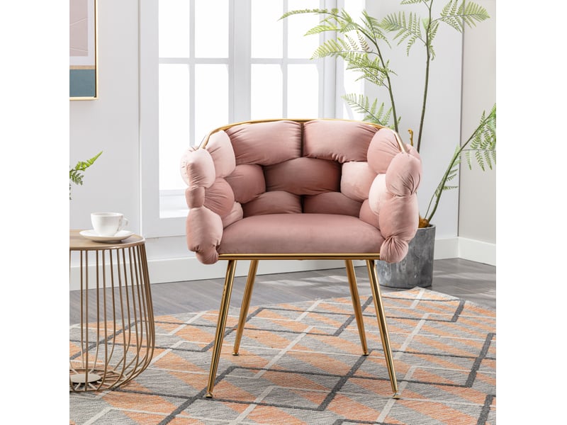  Fauteuil de chambre avec accoudoirs, dossier mi-haut et assise rembourrée, pieds dorés en velours rose  - Conforama B