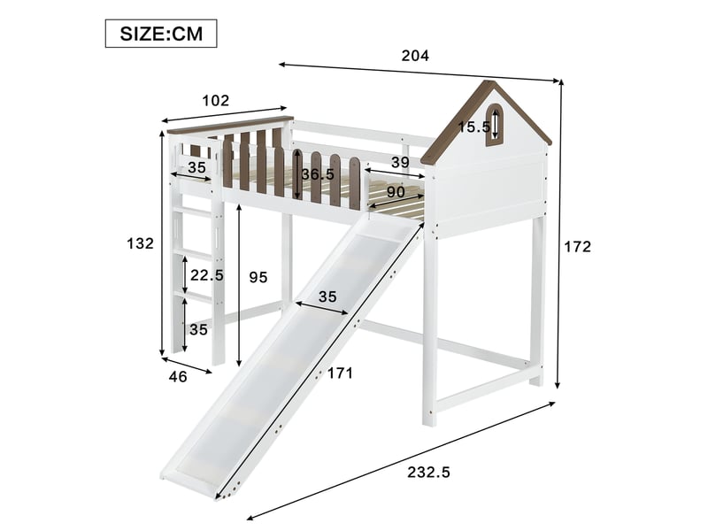  Lit mezzanine enfant 90 x 200 cm avec toboggan, échelle, toit et fenêtres blanc noyer  - Conforama C