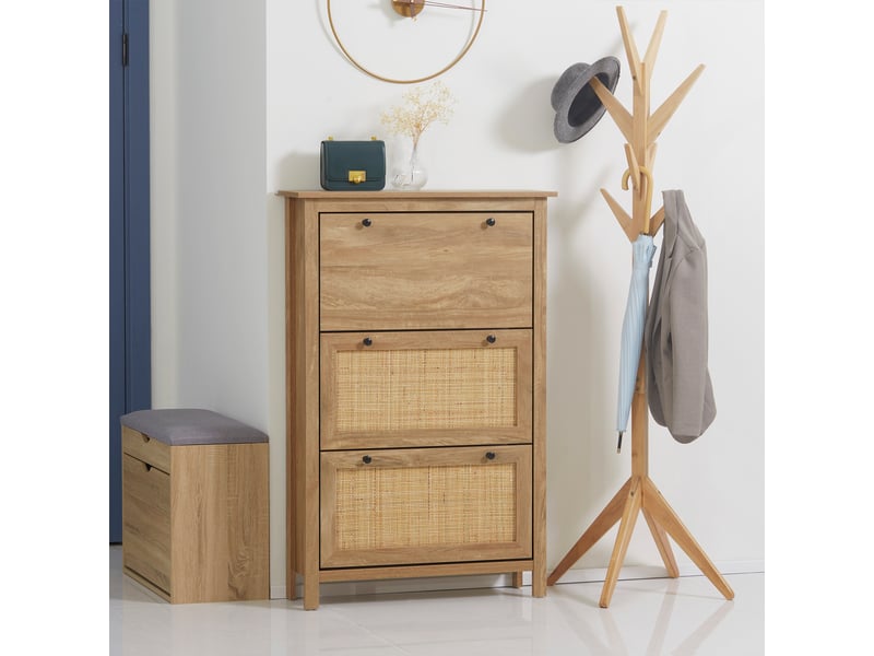  Meuble à chaussures 3 portes abattantes 18 paires - rangement d'entrée vintage en bois naturel effet cannage rotin T1003-01-08349 - Conforama E