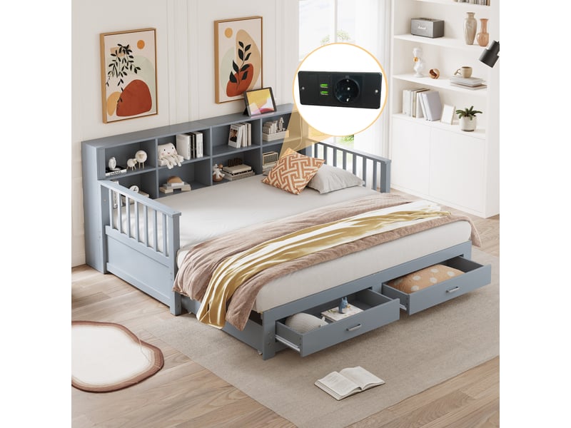  Canapé-lit extensible 90/180x190 cm avec rangements, prise et 2 tiroirs, pin gris, sans matelas  - Conforama D
