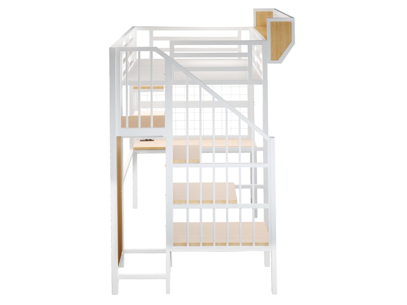  Lit mezzanine métal 90x200 cm avec bureau, étagères et armoire, lit surélevé blanc avec led et prise, lit mezzanine ado gain de place  - Conforama W