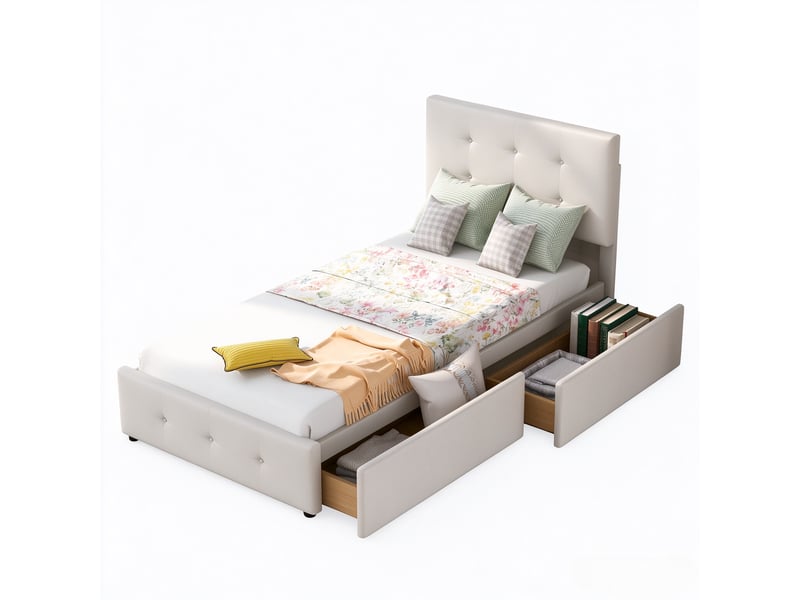  Lit enfant simple 90x200 cm avec 2 tiroirs de rangement, tête de lit réglable, sommier, velours beige, sans matelas  - Conforama A