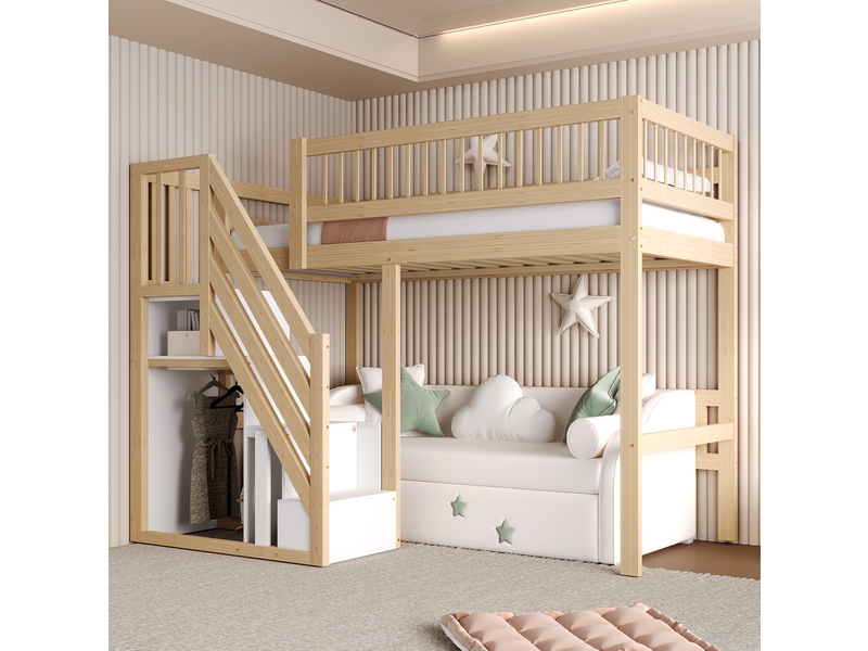  Lit mezzanine enfant 90x200 cm, escalier de rangement intégré et sécurisé, pin et mdf, naturel et blanc, sans matelas  - Conforama E