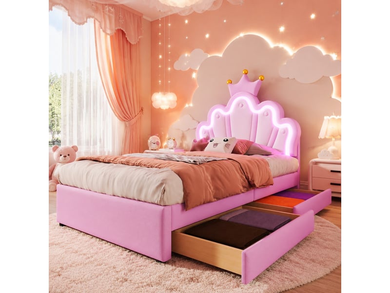  Lit enfant 200×90 cm en forme de couronne avec 2 tiroirs et led 16 couleurs, sans matelas, en pu blanc et rose  - Conforama B