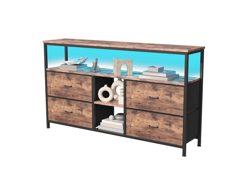  Meuble tv led 108x30x78cm - multifonctionnel - 4 tiroirs en tissu marron et étagères ouvertes - combinaison rétro et modernes  - Conforama A