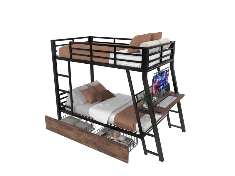  Lit superposé 90x200 cm, 2 tiroirs, garde-corps renforcé, bandeau avec éclairage led réglable, bureau intégré, métal noir sans matelas  - Conforama A