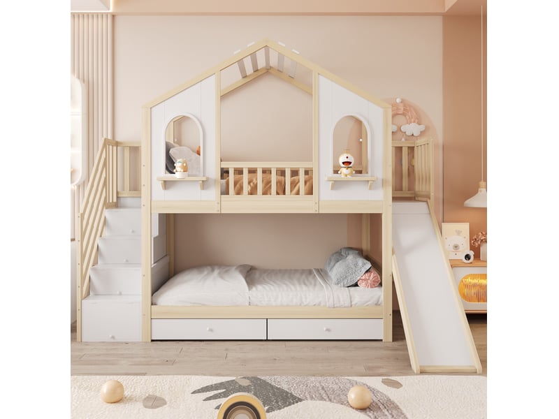  Lit superposé enfant 90x200 cm toboggan escalier rangement tiroirs, cadre maison, bois mdf, blanc naturel sans matelas  - Conforama B