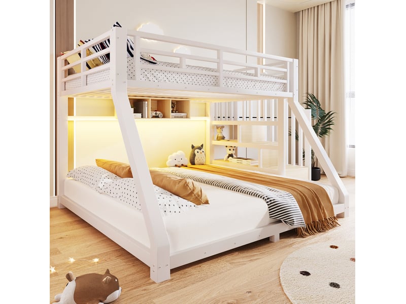 Lit superposé enfant 90x200 cm et 140x200 cm avec led et rangements blanc - Conforama B