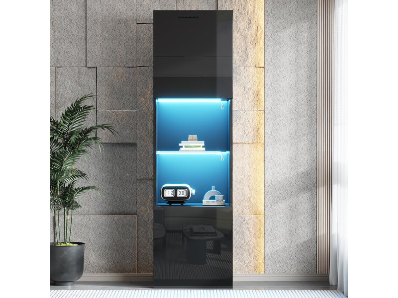  Vitrine brillant h-160cm en panneaux de particules avec lumière led,2 portes,2 niches et étagère en verre,noir vitrine noir - Conforama B