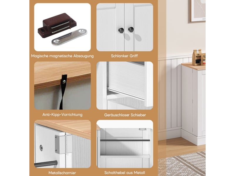  Buffet de cuisine - buffet avec tiroir, 4 portes vitrées et étagères réglables, 138x40x85cm pour la cuisine, le salon et la chambre à coucher, blanc  - Conforama E