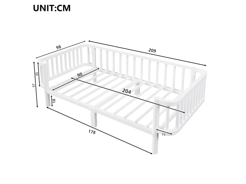  Lit banquette 1 place 90 × 200 cm, structure en acier, usage canapé et lit, sans matelas, blanc  - Conforama E