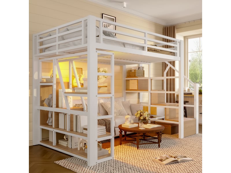  Lit mezzanine 140x200 cm avec bande lumineuse led et étagère, lit enfant avec barrières de sécurité, cadre de lit en fer, blanc  - Conforama W