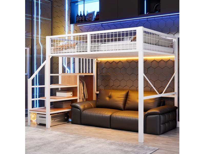  Lit mezzanine 140x200 cm avec rangement, structure en métal, barrière de protection, coloris blanc vendu sans matelas  - Conforama E
