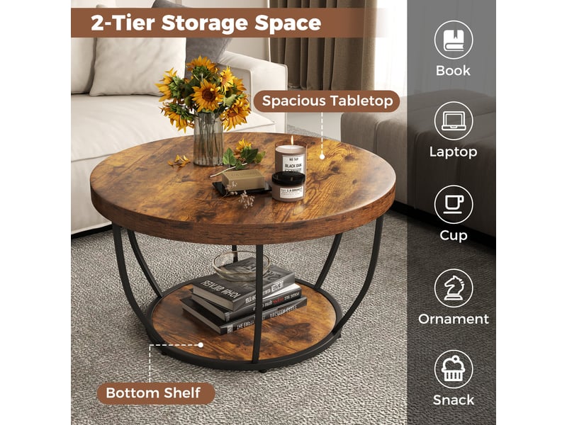  Montage facile - table basse ronde 80 cm, 2 niveaux de rangement, structure métallique, pour salon  - Conforama E