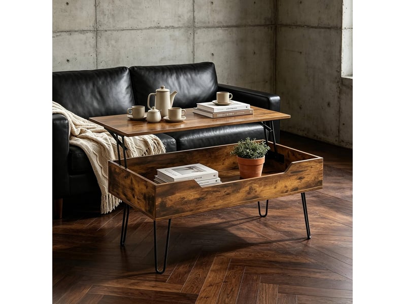  Table basse relevable avec rangement caché plateau réglable en mdf et acier marron rustique pour salon 95 × 50 × 40 cm  - Conforama B