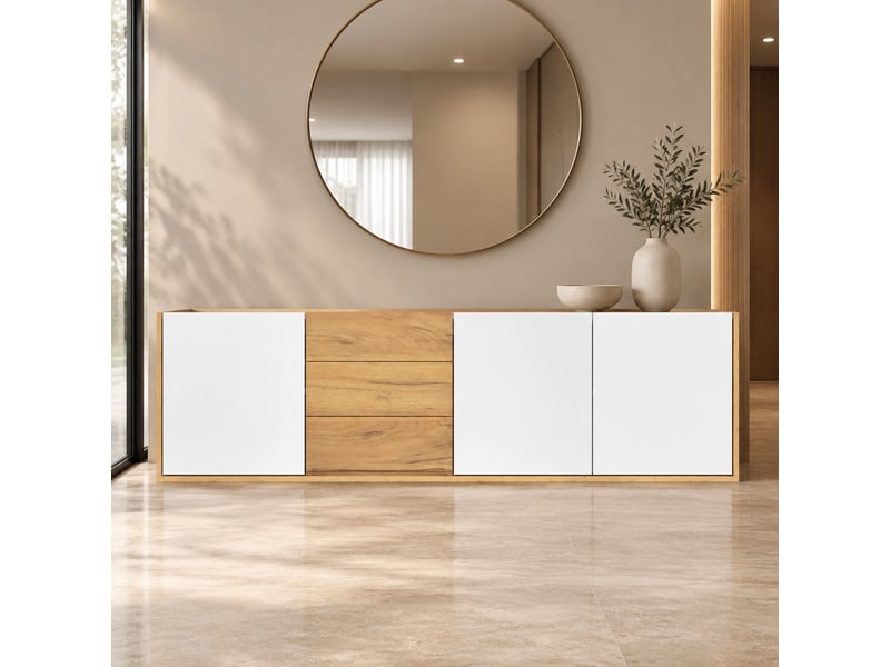  Meuble tv avec 3 portes, 3 tiroirs et étagères réglables, pose au sol ou murale, pour salon, mdf, blanc et bois  - Conforama B
