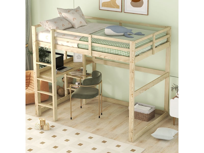  Lit mezzanine 140 x 200 cm avec bureau et 4 compartiments de rangement, structure en pin, coloris naturel  - Conforama B