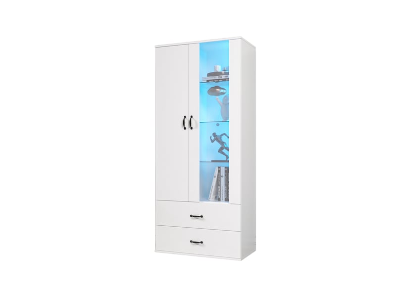  Vitrine avec 2 portes, 2 tiroirs et 5 compartiments, éclairage led pour salon en panneaux de particules 59,5×35×182 cm blanc  - Conforama A
