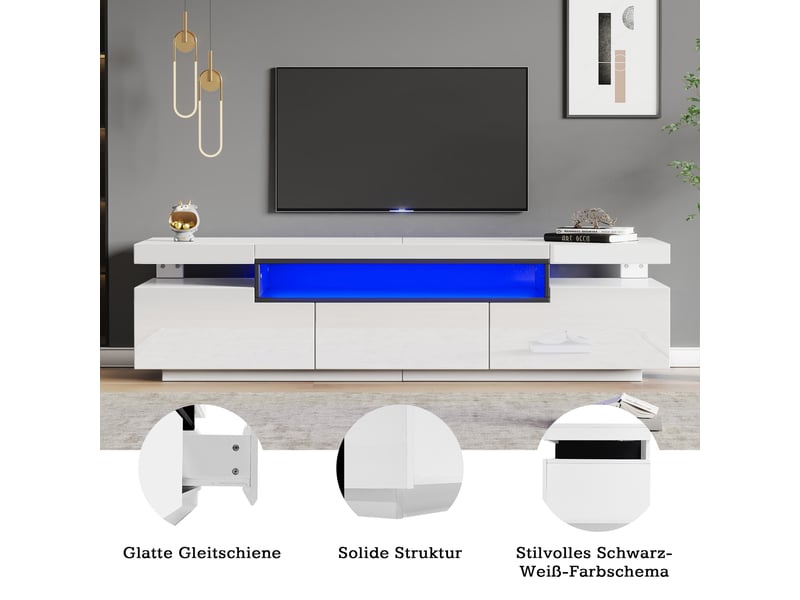  Meuble tv blanc laqué 160 cm avec led 16 couleurs - support pour écran jusqu'à 70 pouces  - Conforama D