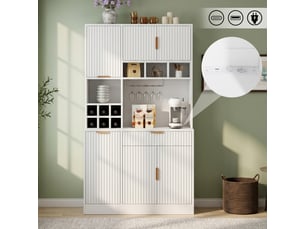 Buffet haut 100x40x175 cm, rangements, prise, usb-ac, porte-verres et bouteilles, blanc