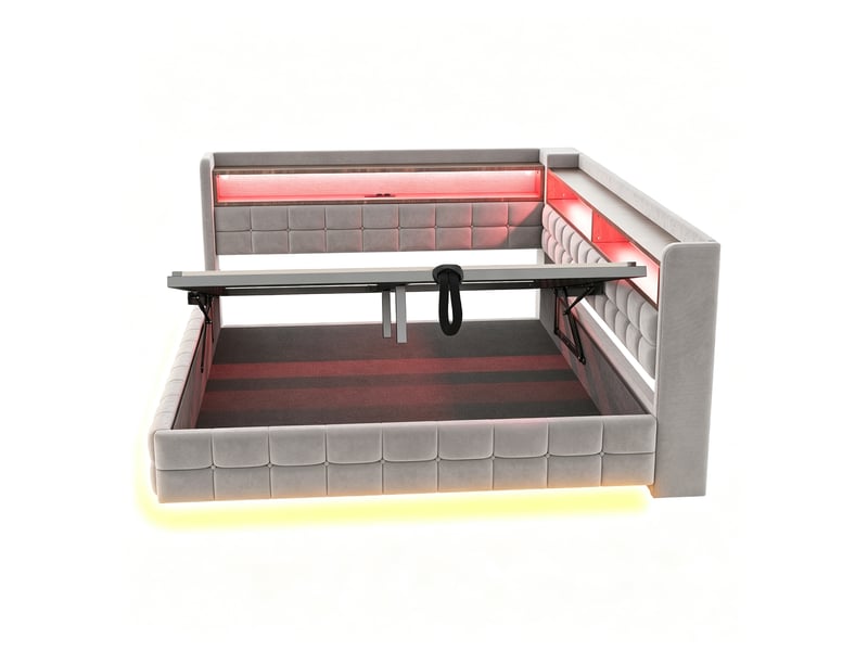  Litcanapé-lit multifonctionnel capitonné 140 × 200 cm, avec rangement hydraulique, étagère en bois, bande lumineuse led, prise électrique, ports de chargement usb et type-c, sommier à lattes, revêtement en velours gris clair  - Conforama E