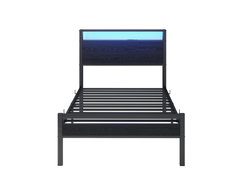  Lit métal 90 × 200 cm 1 place avec rangement, usb, prise et éclairage led, sans matelas, noir  - Conforama A