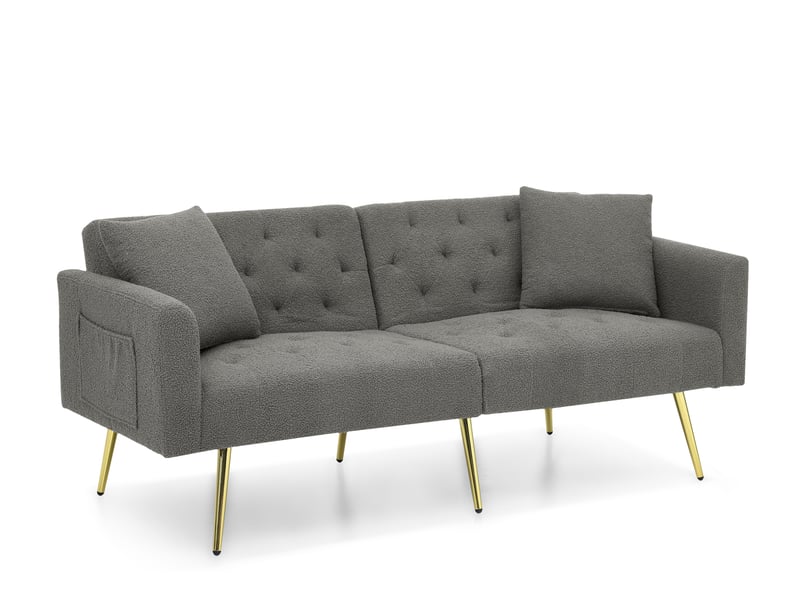  Canapé 2 places convertible 177x78x74 cm gris en tissu bouclette, dossier réglable 3 positions, pieds métal doré  - Conforama D