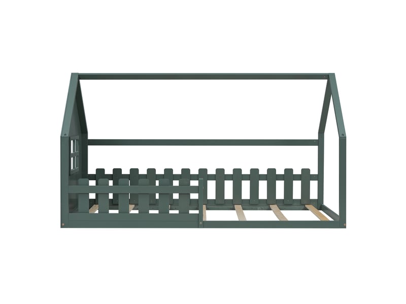 Lit enfant vert 90x200 cm style maison, cadre décoratif en bois - Conforama A
