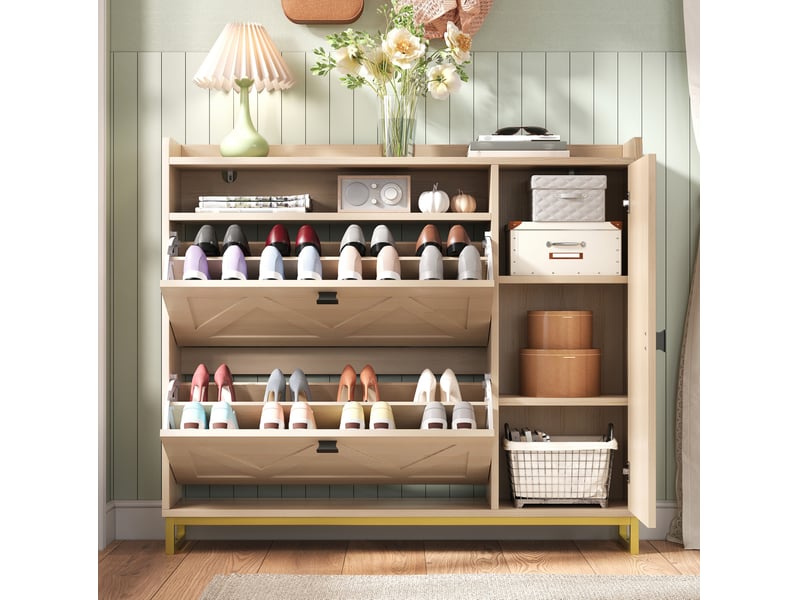  Meuble à chaussures 110x24x100 cm, armoire à chaussures, meuble d'entrée, portes et placard latéral, couleur naturel  - Conforama D