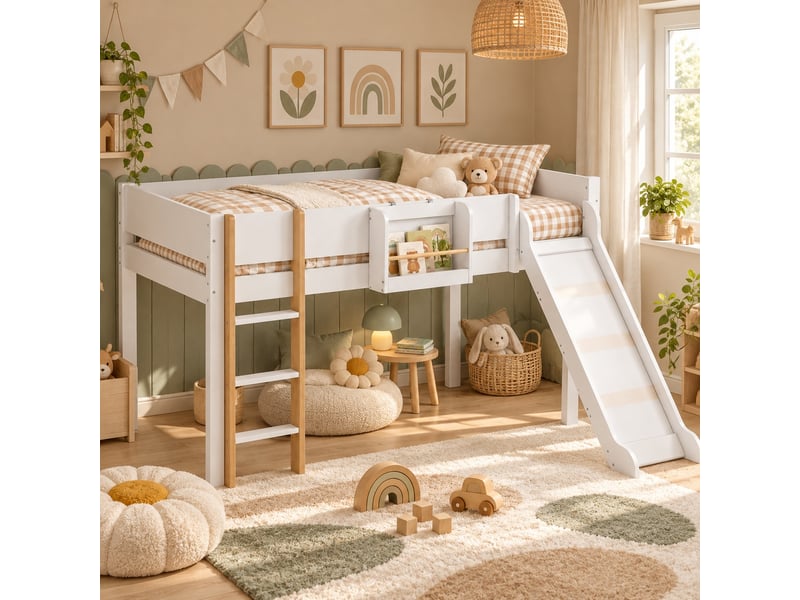  Lit mezzanine enfant 90x200 cm avec toboggan et étagère amovible, lit surélevé avec garde-corps, en pin et mdf, blanc et naturel  - Conforama B