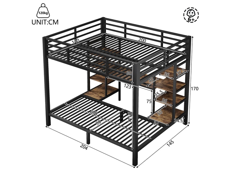  Lit superposé familial 140x200 et 90x200 cm, étagères, led, prise, usb et type-c, métal noir Radiant Stride - Conforama C
