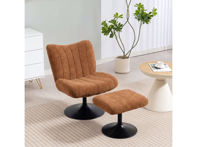  Fauteuil de salon et repose-pieds style rétro matelassé piètement métal rond tissu marron  - Conforama B