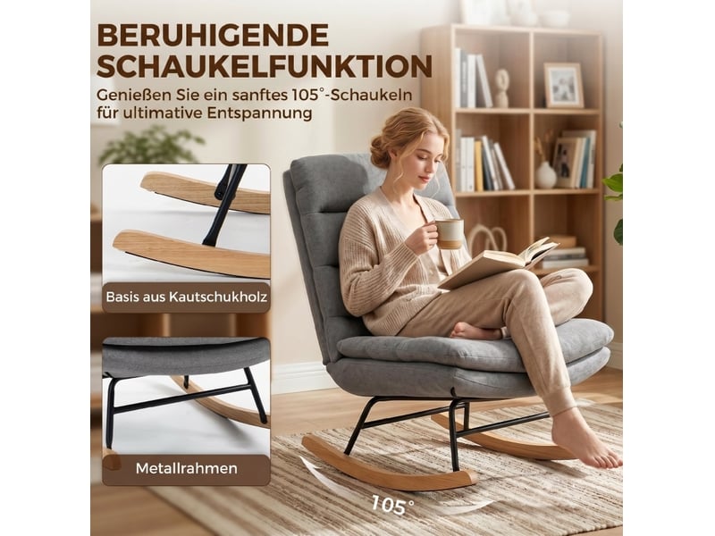 Fauteuil à bascule à dossier haut avec coussin lombaire et assise large, en tissu aspect lin gris clair - Conforama E