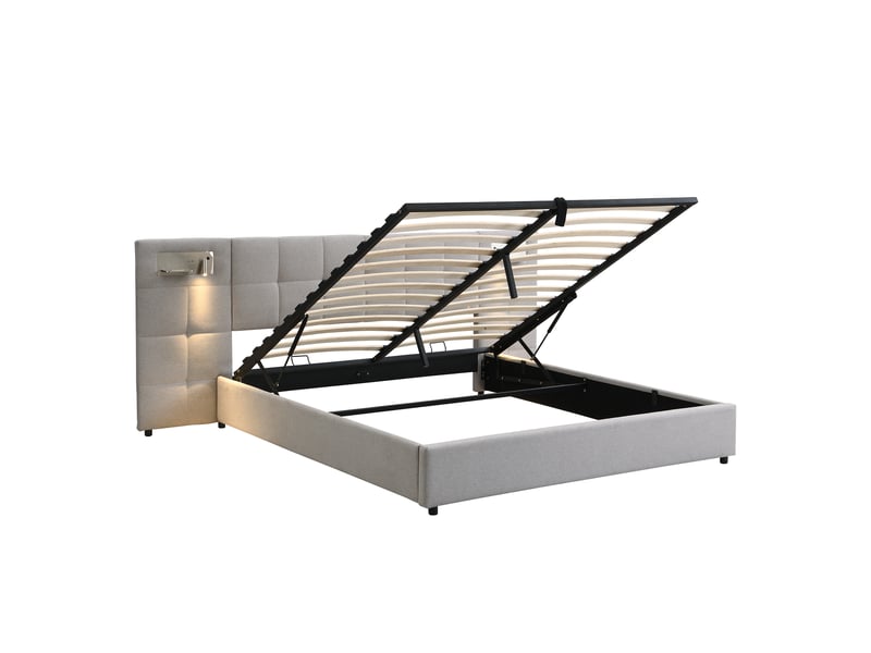  Lit rembourré 180 x 200 cm, sommier hydraulique, avec port usb, chargeur sans fil, lampe d'éclairage et espace de rangement, pour adultes et adolescents, sommier à lattes en bois, montage facile, lin, gris  - Conforama D