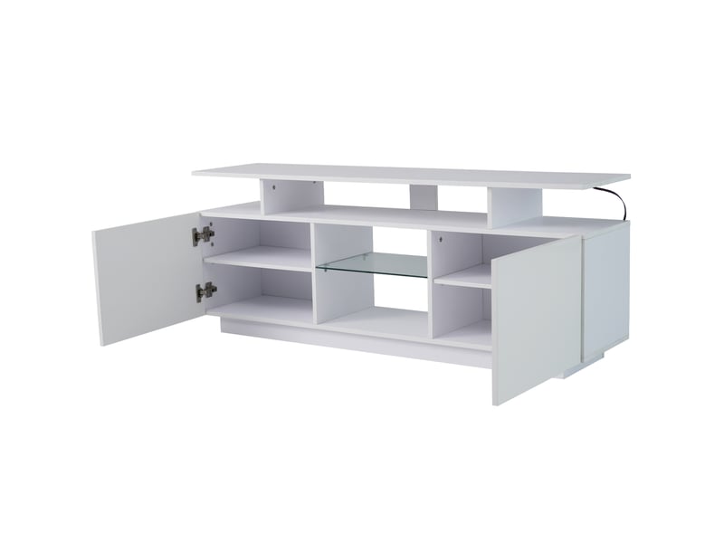 Meuble tv blanc avec led 16 couleurs 140 cm, portes haute brillance et niches en verre pour tv jusqu'à 60 pouces  - Conforama D