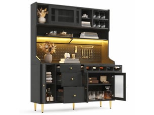 Buffet haut 145x39x171 cm noir, verre et mdf, avec led, étagères réglables et range-vins