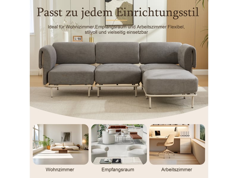  Canapé d'angle modulable 3 places en tissu chenille gris, avec pouf, 251×155×78 cm, design nordique  - Conforama R