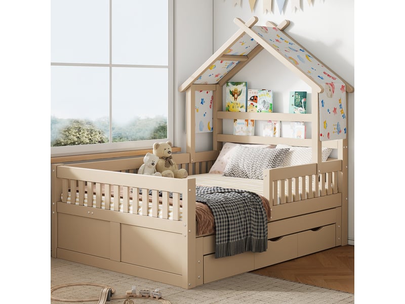 Lit gigogne 140x200 en bois avec rangement, tiroirs et barrières de sécurité, crème - Conforama E