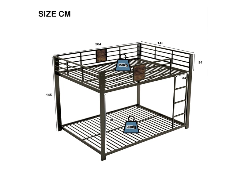  Lit superposé bas 140x200 cm, hauteur 145 cm, échelle réversible avec marches antidérapantes, garde-corps, structure en métal, noir OMNIGLINT TRADING LTD - Conforama C