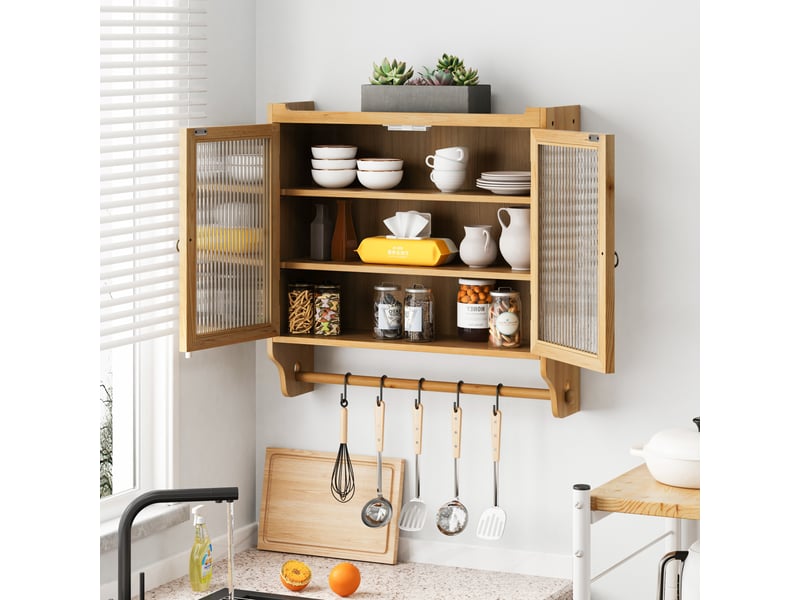  Armoire murale à fixer, 2 portes vitrées, 3 étagères amovibles pour salle de bain, bois naturel, 63 × 60 × 18 cm  - Conforama D