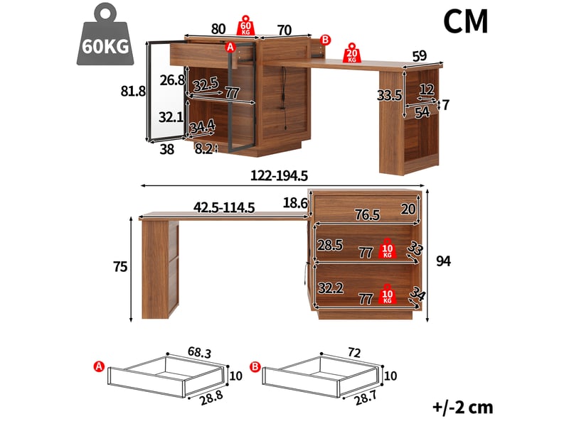  Îlot de cuisine extensible, 122 × 70 × 94 cm, 2 portes et 1 tiroir, mdf et métal, marron, rangement fonctionnel  - Conforama C