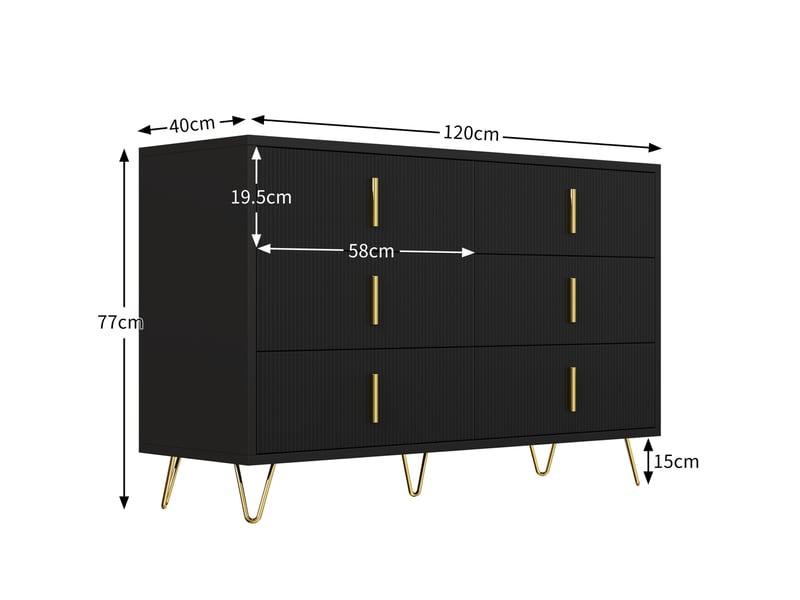  Chiffonnier 6 tiroirs 120x40x77 cm, finition noir+doré en panneaux de particules, commode au design design  - Conforama C